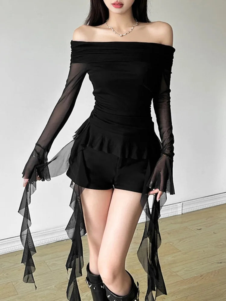 Sexy Off-Shoulder T-Shirt aus Gaze mit unregelmäßigen Rüschen