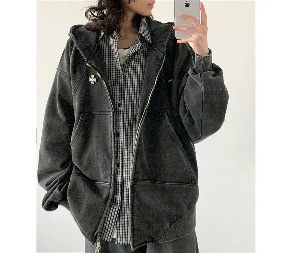 Sudadera con capucha vintage, moderna y casual, de color liso