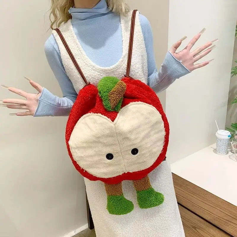 Bonita mochila con cordón y diseño de manzana esponjosa