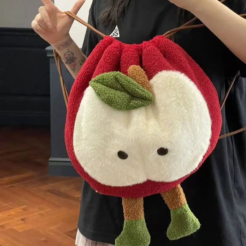 Bonita mochila con cordón y diseño de manzana esponjosa