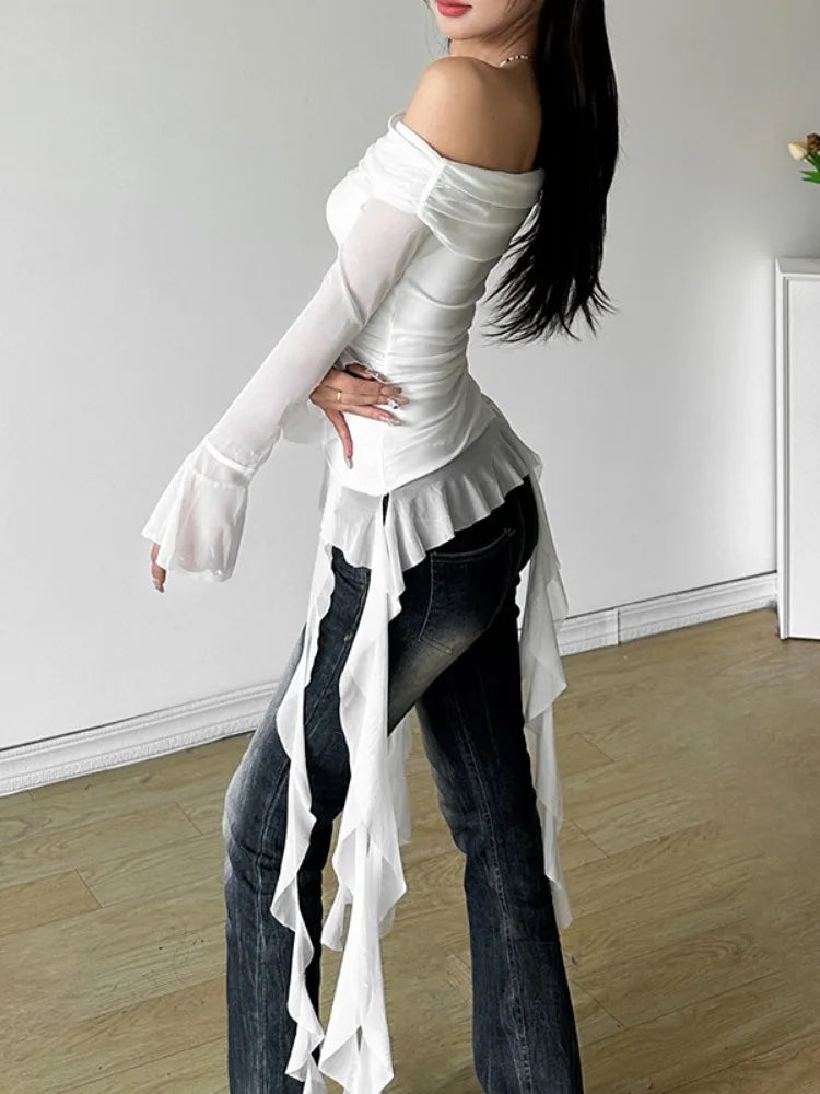 Sexy Off-Shoulder T-Shirt aus Gaze mit unregelmäßigen Rüschen