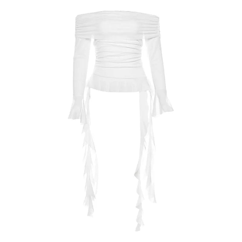 Sexy Off-Shoulder T-Shirt aus Gaze mit unregelmäßigen Rüschen