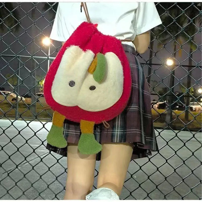 Bonita mochila con cordón y diseño de manzana esponjosa