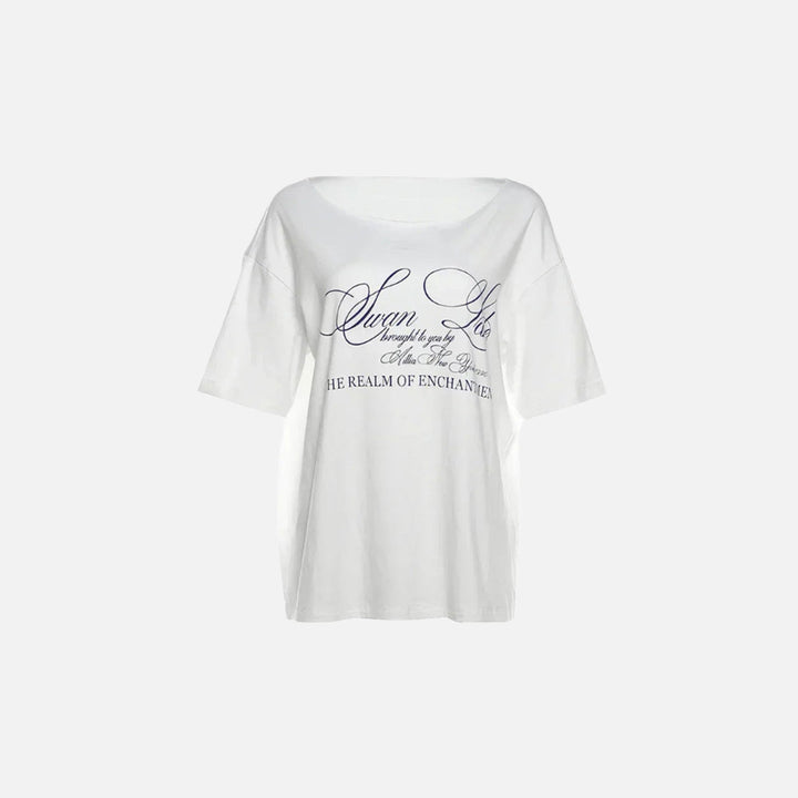 Front view of the white Swan Lake Tale T-Shirt in a gray background