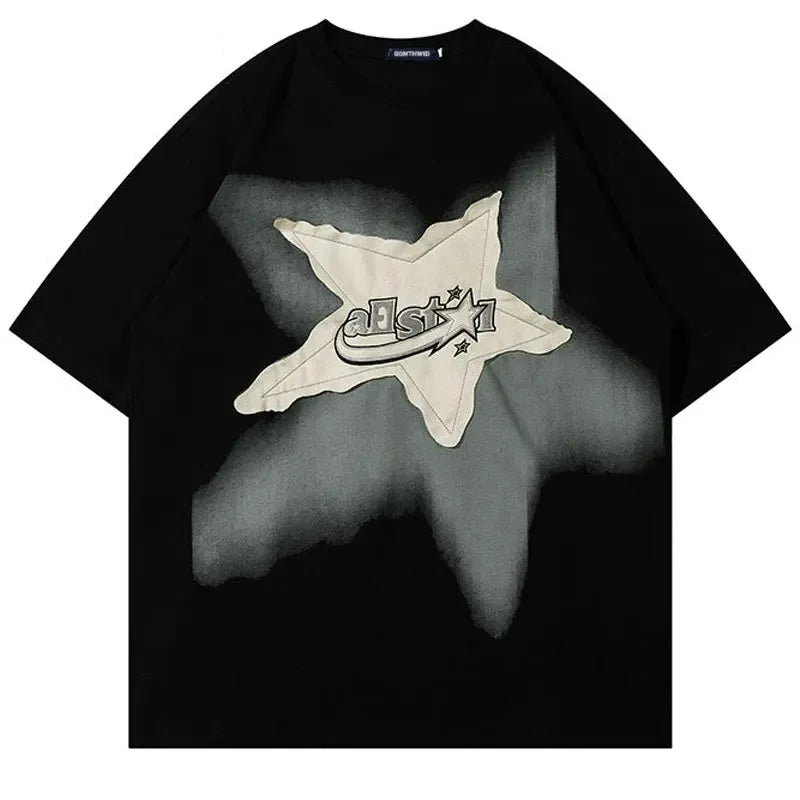 Black t-shirt with a star-shaped logo on a white background