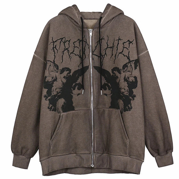 Oversized Vintage Angel Print Zip-Up Shirt