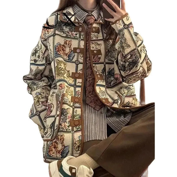 Retro American Cat Jacquard Jacket
