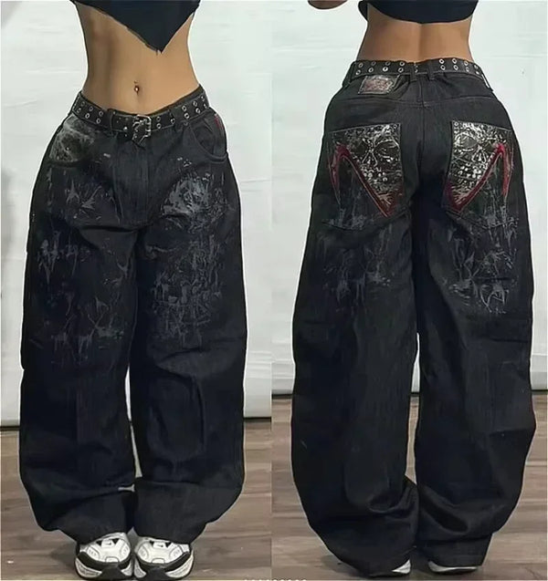 Embroidered Skull Print Straight Leg Jeans