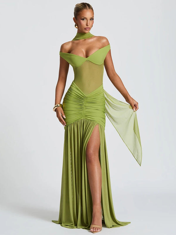 Elegant Mesh Ruched Maxi Dress