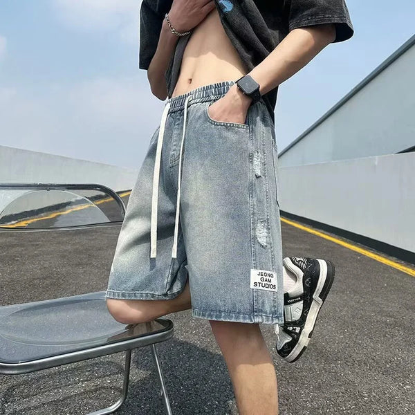 Blue Denim Straight Leg Ripped Shorts