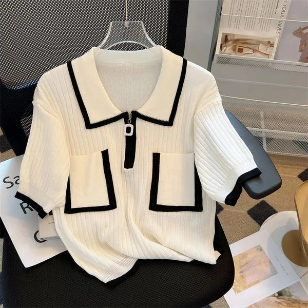 Colorful Contrast Zipper Polo Neck Sweater