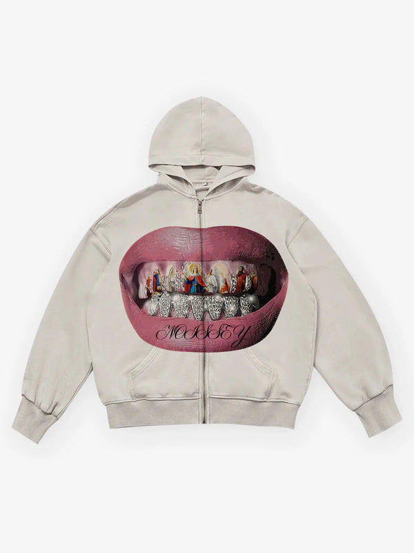 Cream Lips Graphic Print Zip-Up Hoodie