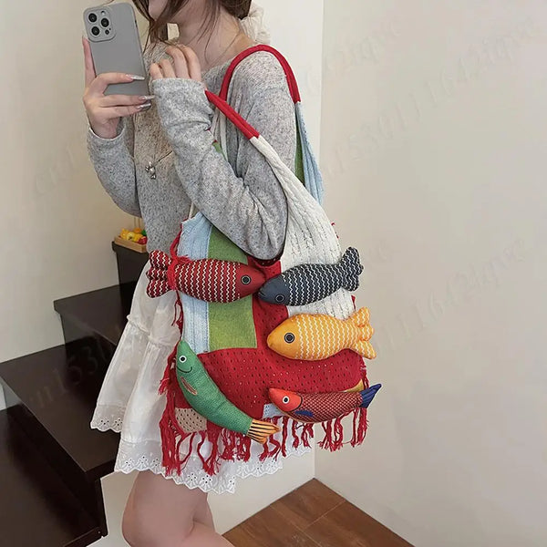 Boho Handmade Doll Fish Cute Knitted Beach Tote Bag