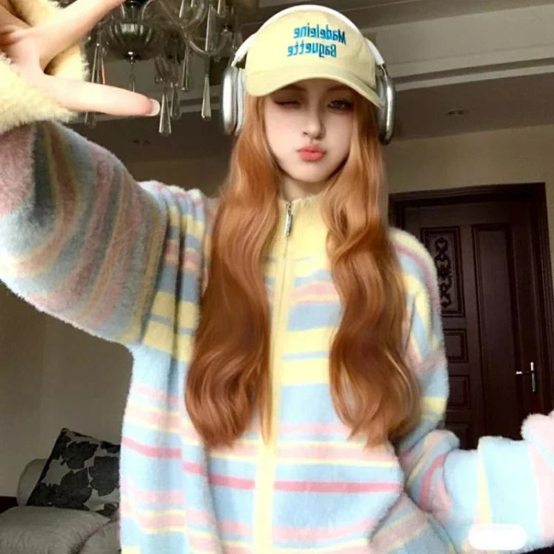 Model wearing Cozy Striped Zipper Sweater