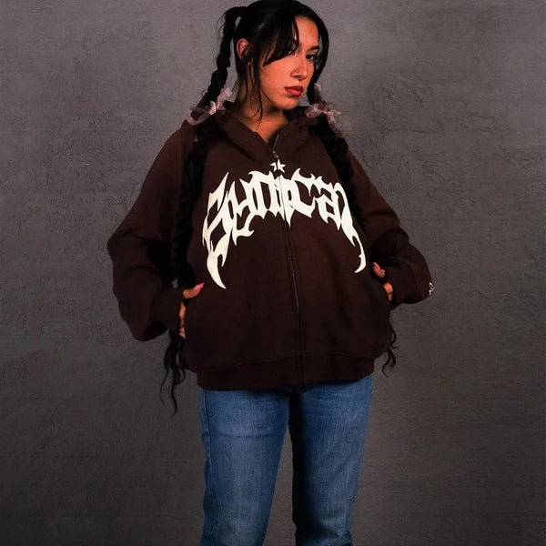Vintage Letter Print Y2K Zip Hoodie