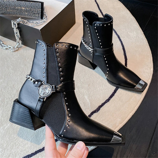 Chunky Black Metal Square Toe Cowboy Boots