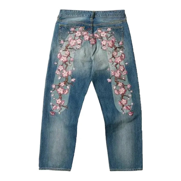 Cherry Blossom Embroidery Wide Leg Jeans