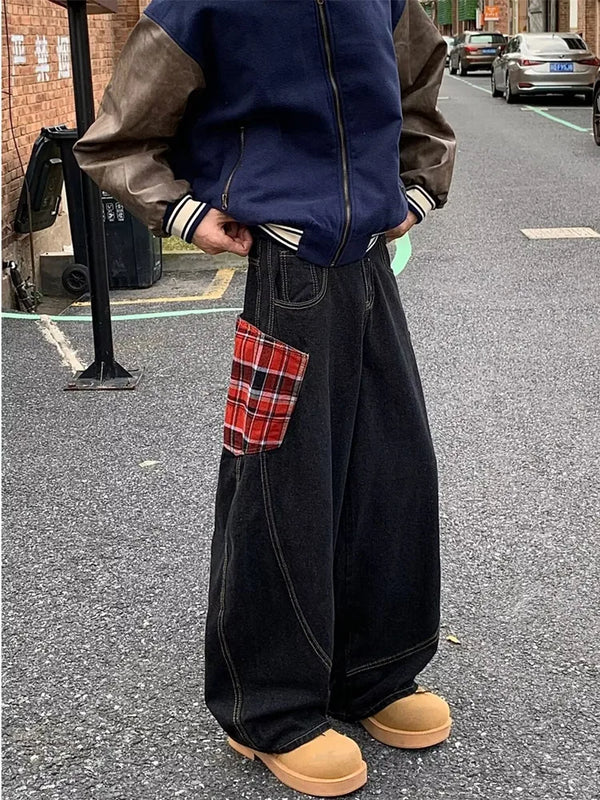 OG Hip Hop Red Plaid Washed Black Jeans