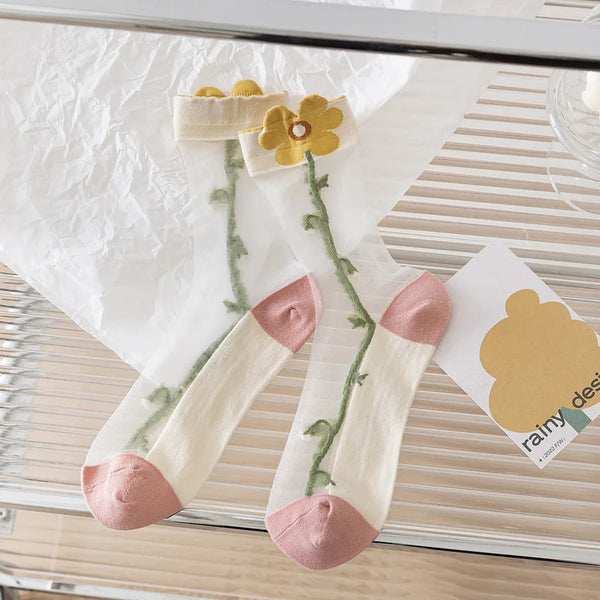 Sheer Crystal Silk Floral Embroidered Socks