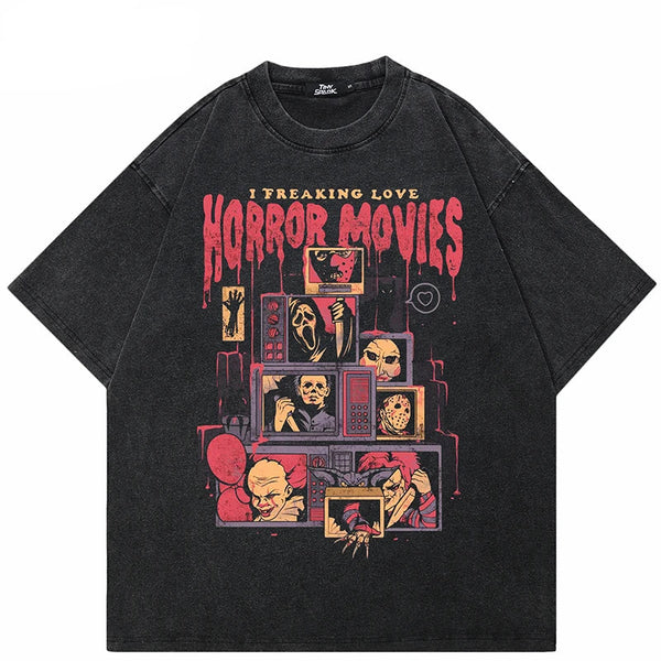 Camiseta gráfica retro de fantasma negro lavado