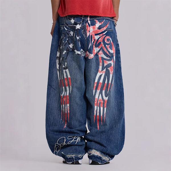 Vintage Wings Print High Waisted Jeans