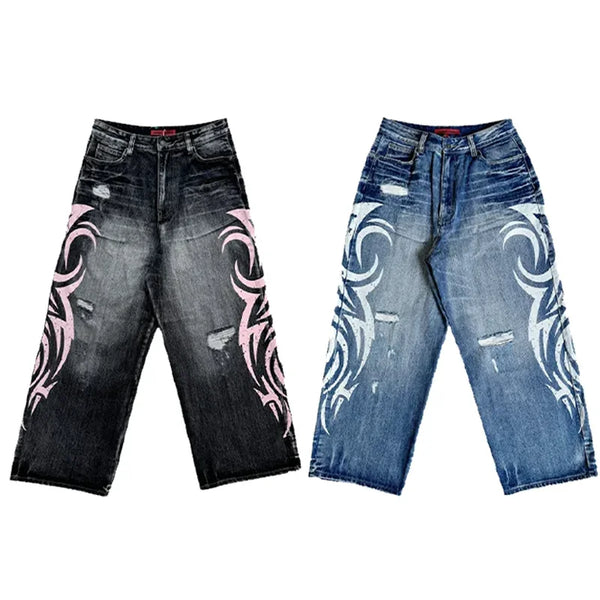 Retro Distressed Washed Baggy Wide Jeans
