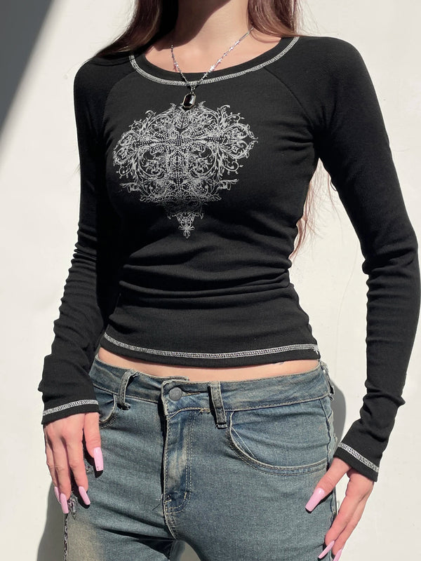 Y2K Slim Fit Dark Print O-Neck T-Shirt