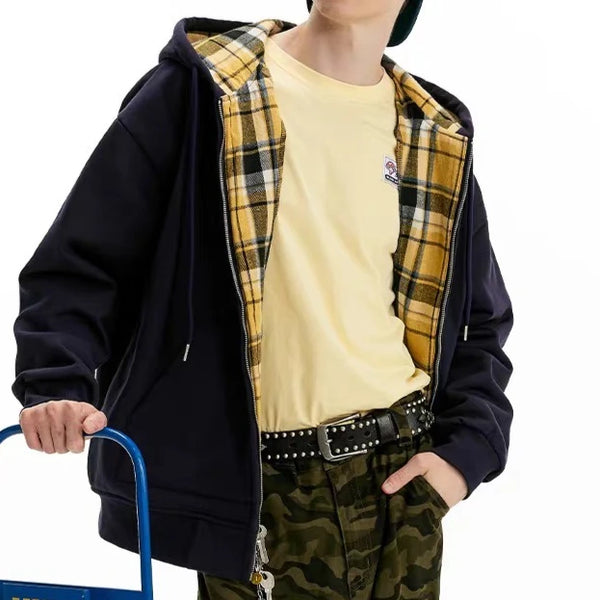 Reversible Plaid Vintage Graphic Zip Hoodie