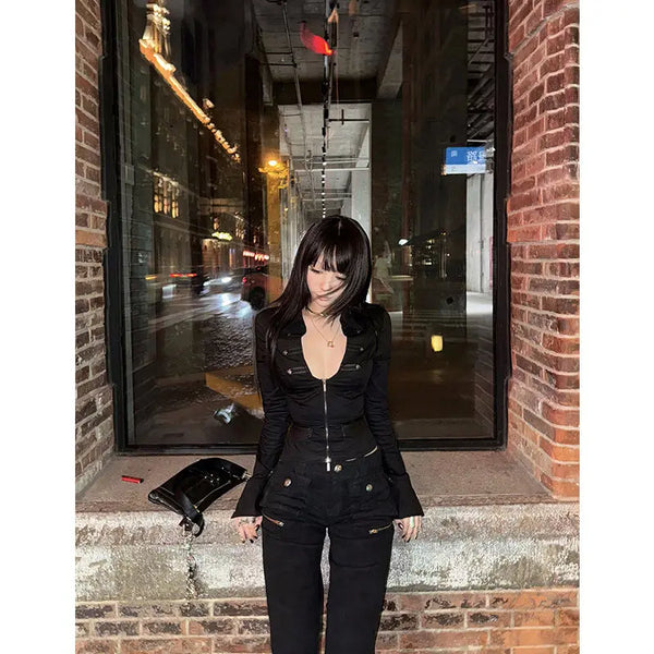 Black V-neck Y2K Top