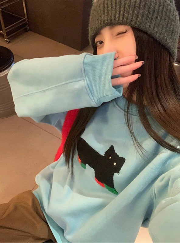 Oversized Women's Black Cat Sweatshirt
