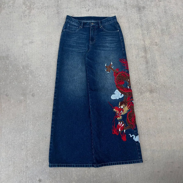 Dark Blue Dragon Graffiti Embroidered Jeans