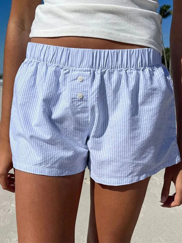 Elastic Waist Striped Print Soft Girl Shorts