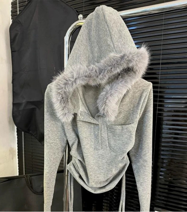 Faux Fur Patchwork Hooded Shirt