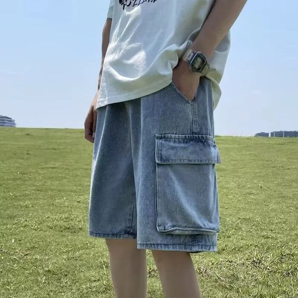 Breathable Distressed Cargo Denim Shorts