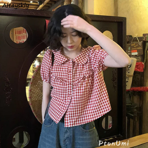 Vintage Red Plaid Girlish Shirt