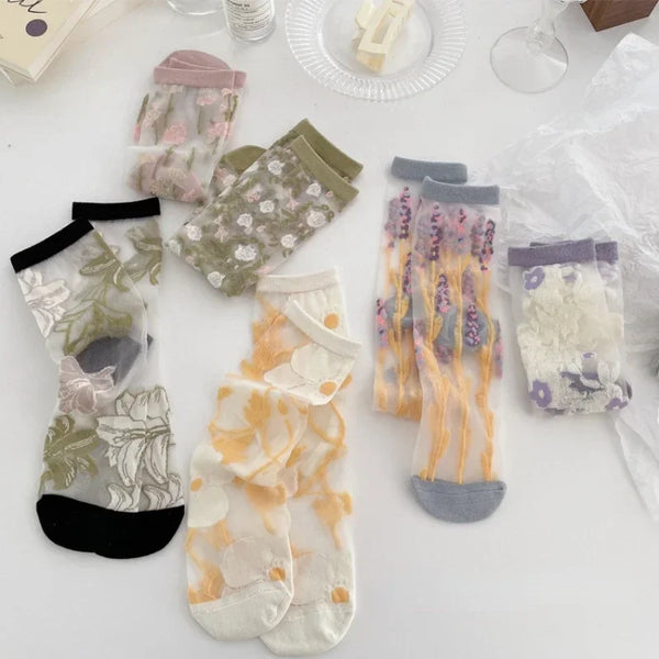 Silk Floral Summer School Socks Mid Tube