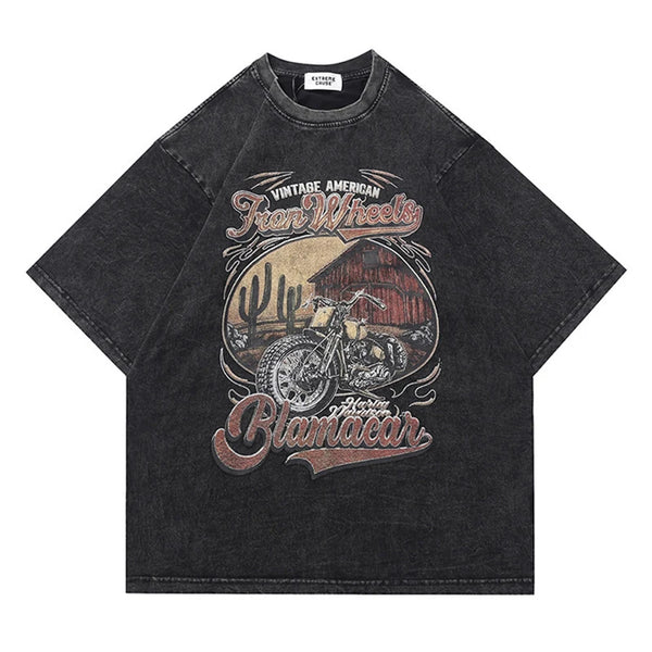 Camiseta oversize desgastada con estampado de paisaje vintage