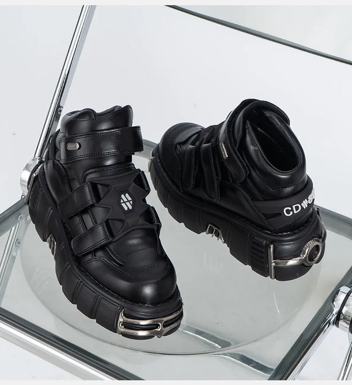 Front view of the black Chunky High-Top Strap Sneakers