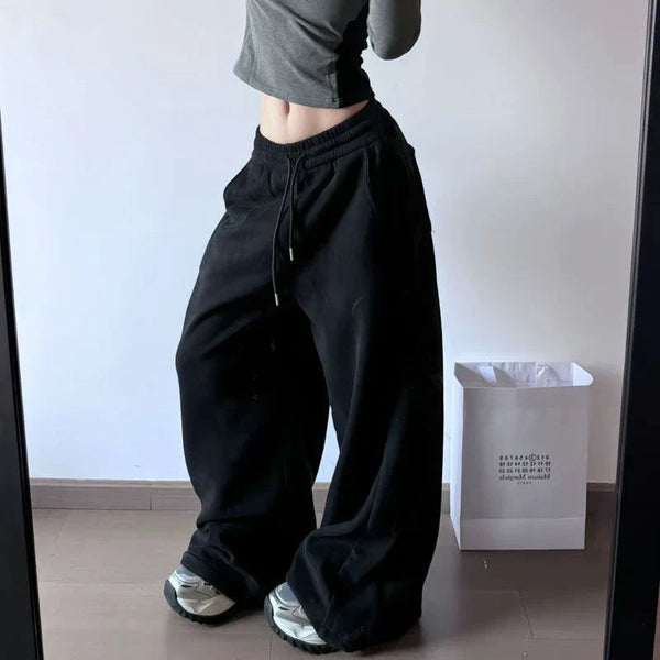 Black Oversized Fleece Joggers Wide Leg Pants