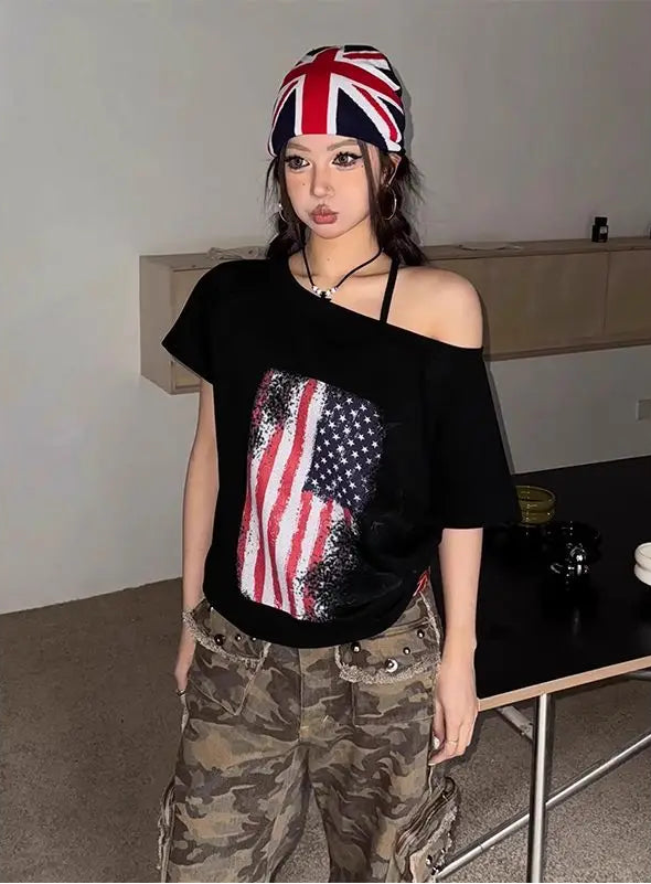 Camiseta holgada negra con estampado retro Y2K