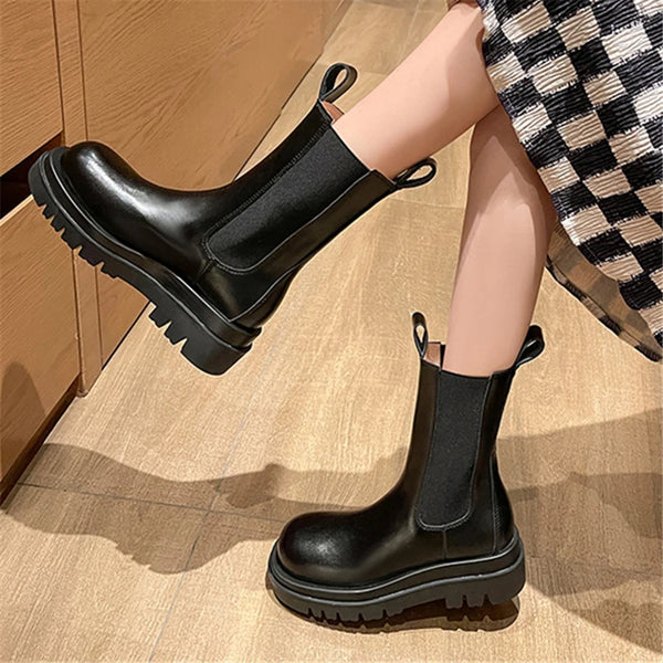 Chunky Sole Black Chelsea Ankle School Boots