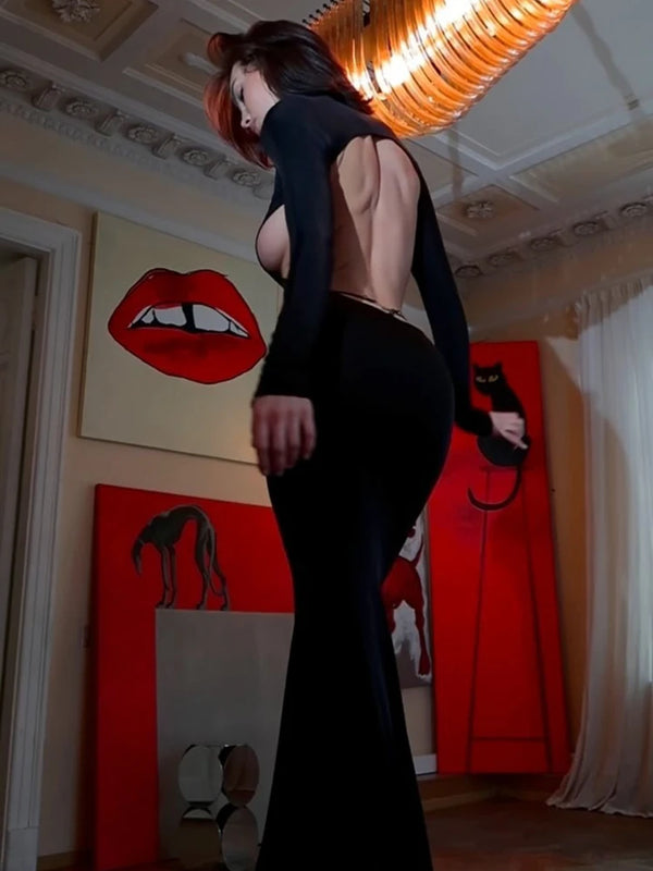 Sexy Backless Long Sleeve Maxi Dress
