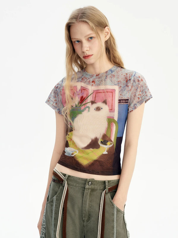 Cheerful Cat Graphic Mesh Summer T-Shirt