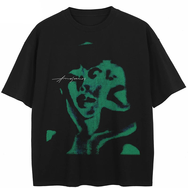 Black t-shirt with green graphic design on a white background