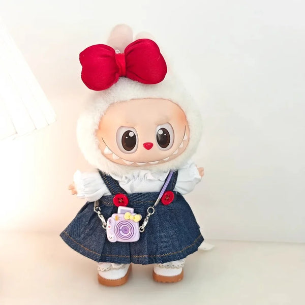 Lobubu-Inspired Denim Skirt & Red Bow Headband Set