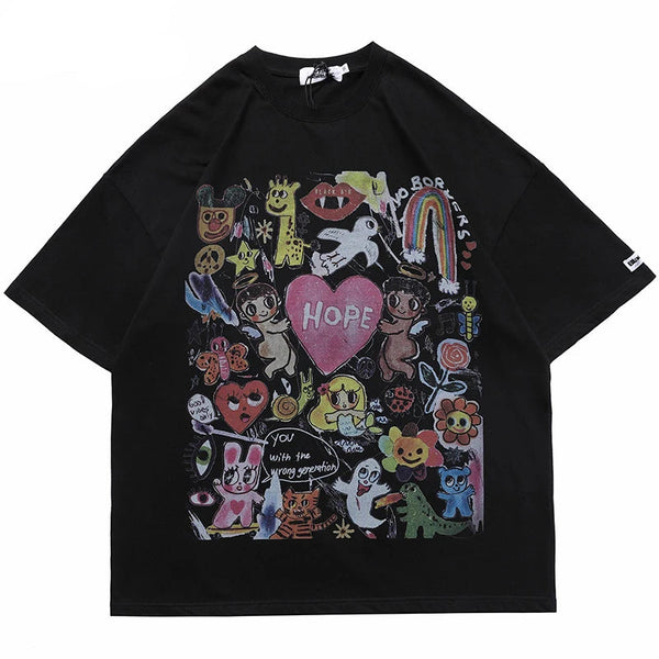 Oversize Rainbow Heart Angels Print T-Shirt