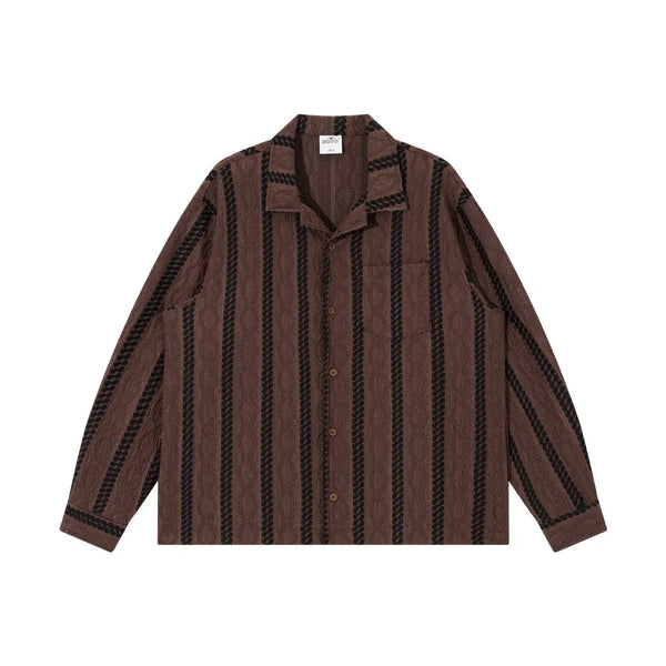 Striped Jacquard Cuban Collar Long Shirt