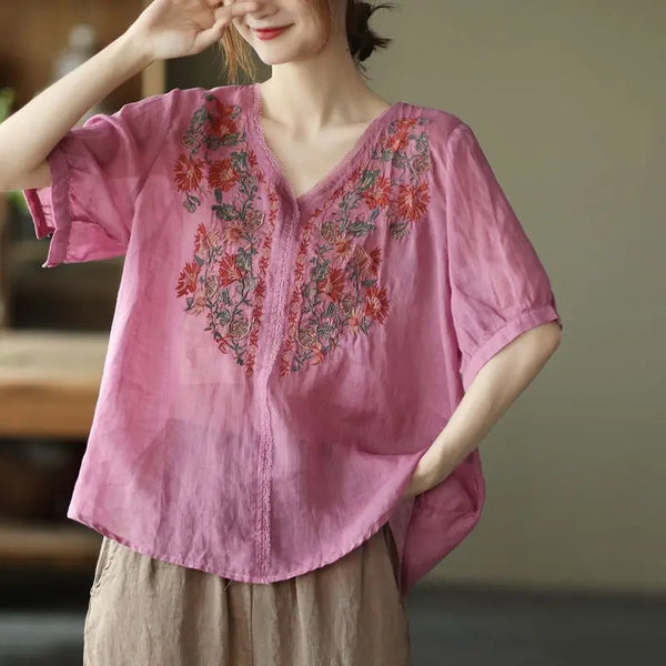 Vintage Embroidered V-Neck Floral T-Shirt