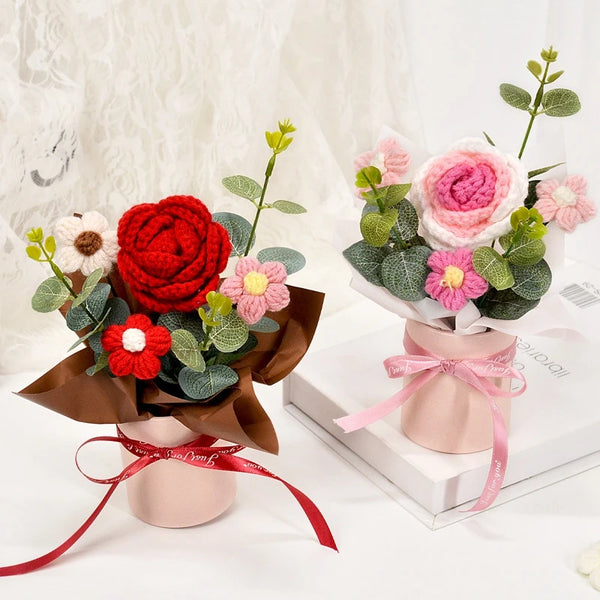 Vintage Knitted Flower Bouquet Crochet Rose Flowers