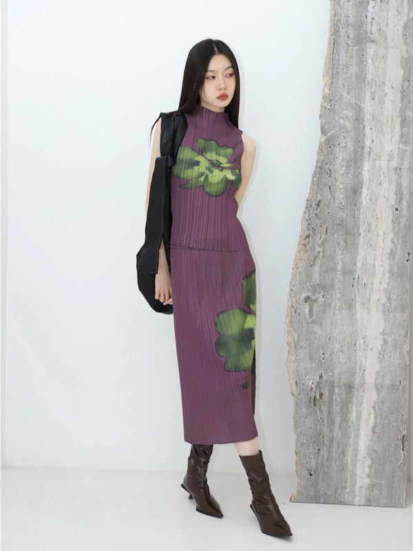 Stylish Pleated Floral Purple Summer Set